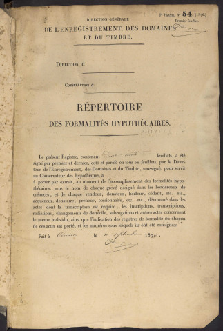 Répertoire des formalités hypothécaires, du 18/08/1877 au 10/12/1877, registre n° 305 (Abbeville)