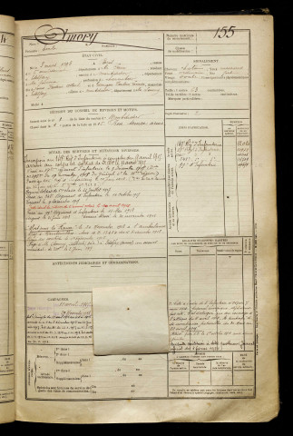 Amory, Emile, né le 03 mars 1896 à Paris 6e Arrondissement (Paris), classe 1916, matricule n° 155, Bureau de recrutement de Péronne
