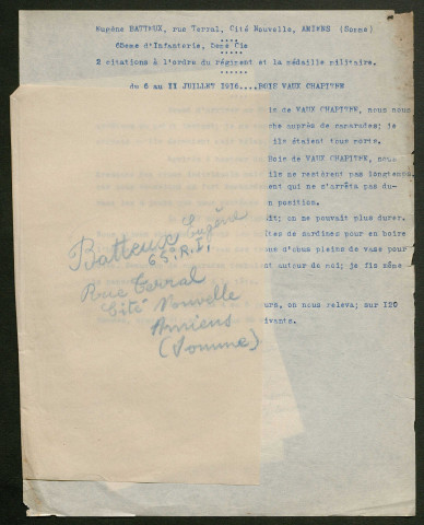 Témoignage de Batteux, Eugène et correspondance avec Jacques Péricard