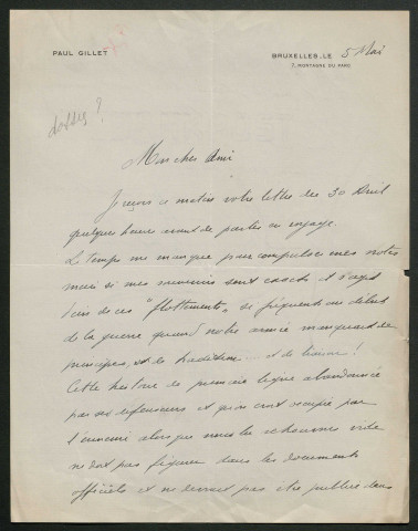 Témoignage de Gillet, Paul et correspondance avec Jacques Péricard