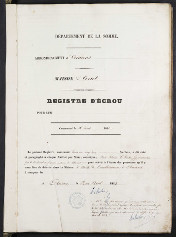 Maison d'arrêt d'Amiens. Arrêt. Registre d'écrou : numéros 1 à 968. 13 avril 1848 - 29 août 1850