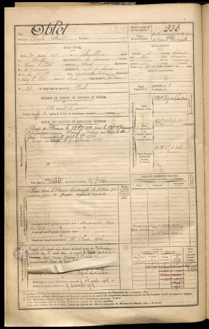 Oblet, Charles Albert, né le 30 août 1871 à Hombleux (Somme), classe 1891, matricule n° 775, Bureau de recrutement de Péronne