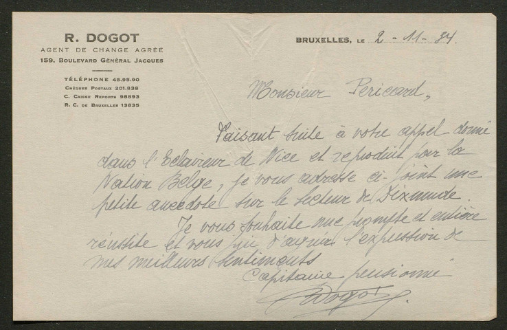 Témoignage de Dogot, R. (Capitaine) et correspondance avec Jacques Péricard