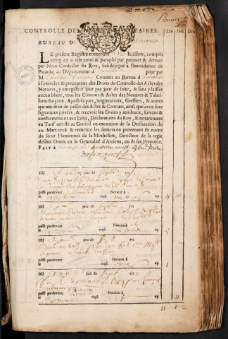 Contrôle des actes du bureau d’Amiens pour la période du 28 septembre 1713 au 26 mars 1714