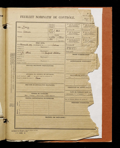 Jouy, Raoul, né le 23 novembre 1897 à Saleux (Somme), classe 1917, matricule n° 247, Bureau de recrutement d'Amiens