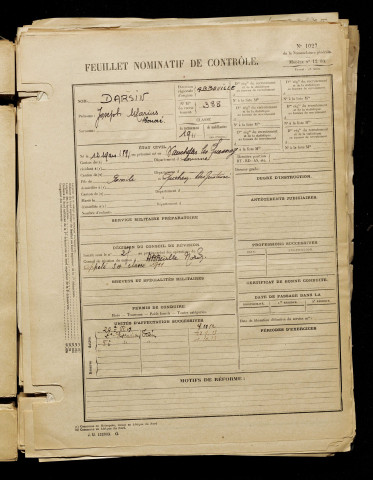 Darsin, Joseph Marius Honoré, né le 12 mars 1891 à Vauchelles-les-Quesnoy (Somme), classe 1911, matricule n° 388, Bureau de recrutement d'Abbeville