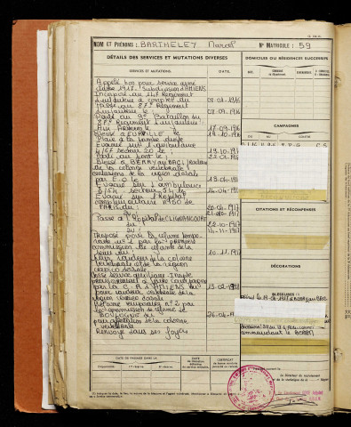 Barthelet, Marcel Jules Armand, né le 10 novembre 1897 à Blangy-sous-Poix (Somme), classe 1917, matricule n° 59, Bureau de recrutement d'Amiens