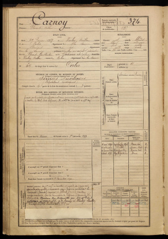 Carnoy, Florent Arthur, né le 27 février 1867 à Warloy-Baillon (Somme), classe 1887, matricule n° 374, Bureau de recrutement d'Amiens