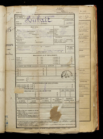 Souhait, André Fernand Nicolas Cyrille, né le 05 février 1897 à Beaucourt-sur-l'Hallue (Somme), classe 1917, matricule n° 323, Bureau de recrutement d'Amiens