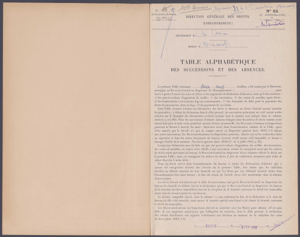 Table des successions et absences du bureau de Oisemont
