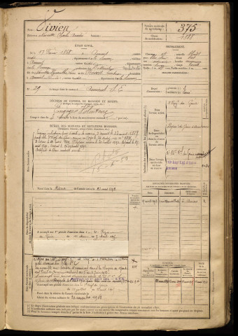 Vivien, Narcisse Charles Amédée, né le 17 février 1868 à Amiens (Somme), classe 1888, matricule n° 375, Bureau de recrutement d'Amiens