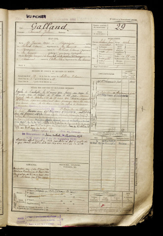 Galland, Clément Julien, né le 18 janvier 1900 à Airaines (Somme), classe 1920, matricule n° 29, Bureau de recrutement d'Amiens