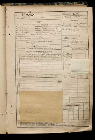 Violette, Ferdinand, né le 07 novembre 1871 à Baizieux (Somme), classe 1891, matricule n° 679, Bureau de recrutement d'Amiens