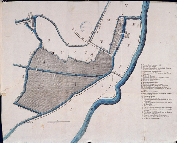 Amiens. Plan de situation des rivières de Somme et de Selle alimentant les moulins et usines, opposant l'évêché, les sieurs Leprince et Morgan