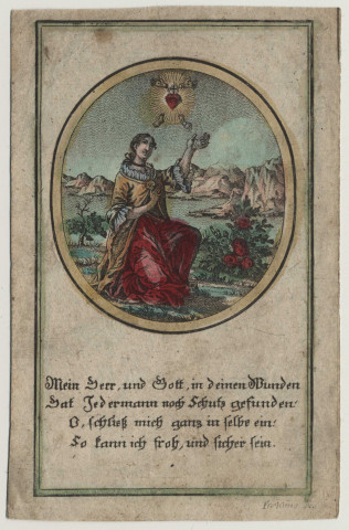 Image pieuse figurant une femme adorant le Sacré-Coeur