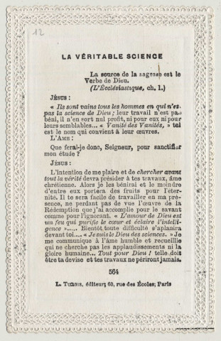 Image pieuse dentelle. La véritable science. Mon coeur et ma croix sont le livre qui t'apprendra tout ce qu'il faut savoir. Le Sacré Coeur de Jésus