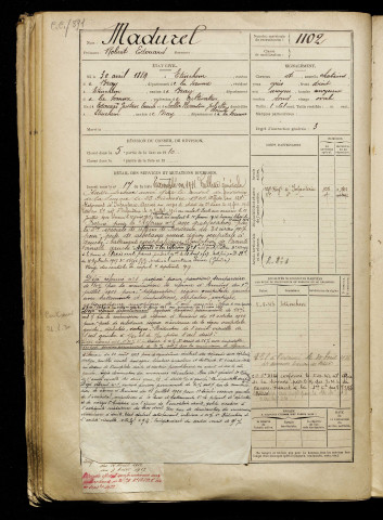 Madurel, Robert Edouard, né le 30 avril 1889 à Étinehem (Somme), classe 1909, matricule n° 1102, Bureau de recrutement de Péronne