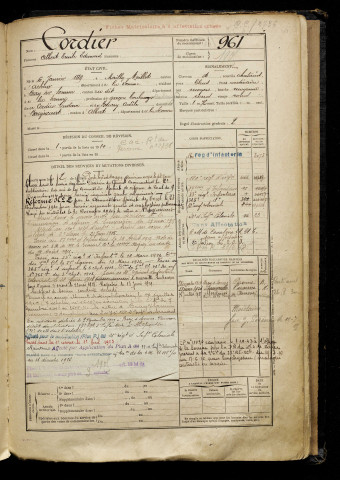 Cordier, Albert Emile Edmond, né le 06 janvier 1889 à Mailly-Maillet (Somme), classe 1909, matricule n° 961, Bureau de recrutement de Péronne