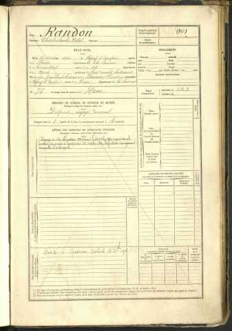 Randon, Charles Emile Vital, né le 16 octobre 1860 à Ugny-l’Equipée (Somme, France), classe 1880, matricule n° 961, Bureau de recrutement de Péronne