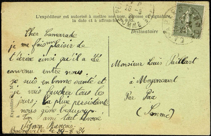 Carte postale intitulée "Bonneville (Somme). Monument aux morts de la guerre". Correspondance de François Vignon à Louis Paillart