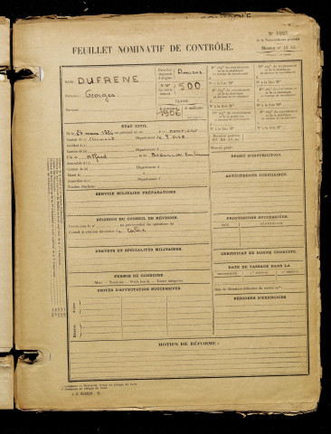 Dufrene, Georges, né le 24 mars 1886 à Montigny (Oise), classe 1906, matricule n° 500, Bureau de recrutement d'Amiens