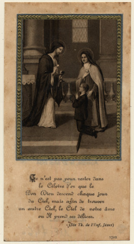 L'Enfant Jésus donnant la communion à un enfant. Souvenir de communion solennelle d'André Briard faite en l'église Saint-Pierre et Saint-Paul à Aumale le 27 mai 1934