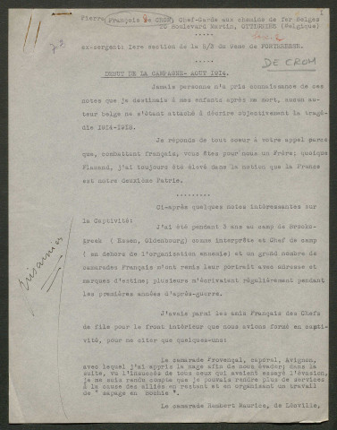 Témoignage de De Crom, Pierre François et correspondance avec Jacques Péricard