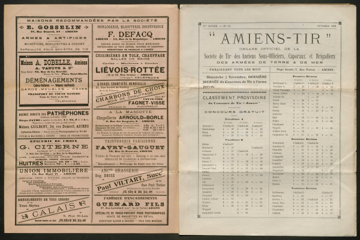 Amiens-tir, organe officiel de l'amicale des anciens sous-officiers, caporaux et soldats d'Amiens, numéro 10 (octobre 1909)