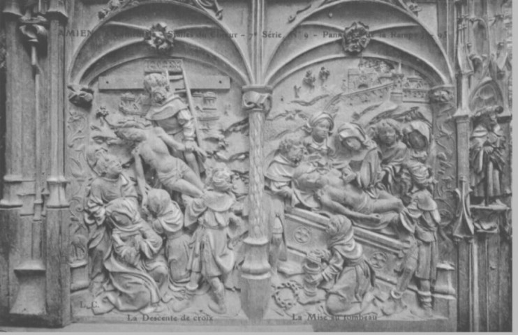 Cathédrale - Stalles du Choeur - 7e série, N° 9 - Panneaux de la rampe J - 95 - La descente de croix - La mise au tombeau