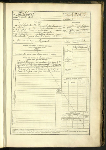 Malpart, Clodomir Attila, né le 16 septembre 1862 à La Neuville-Sire-Bernard (Somme, France), classe 1882, matricule n° 218, Bureau de recrutement de Péronne