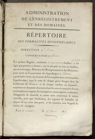 Répertoire des formalités hypothécaires, du 20/07/1818 au 19/01/1819, registre n° 080 (Péronne)