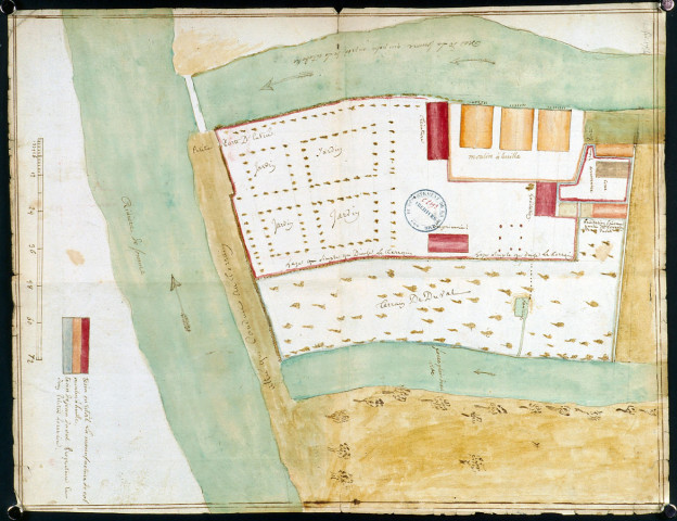 Plan du terrain de la manufacture d'étoffes Bonvallet située dans le faubourg Saint-Maurice, figurant les jardins, les moulins à huile, une fontaine et les bras de la rivière de Somme