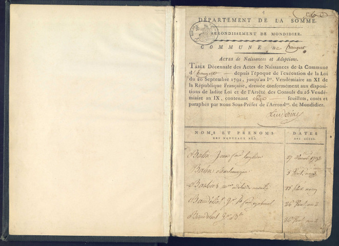 Hangest-en-Santerre : tables décennales des naissances, mariages et décès (1792-1912)