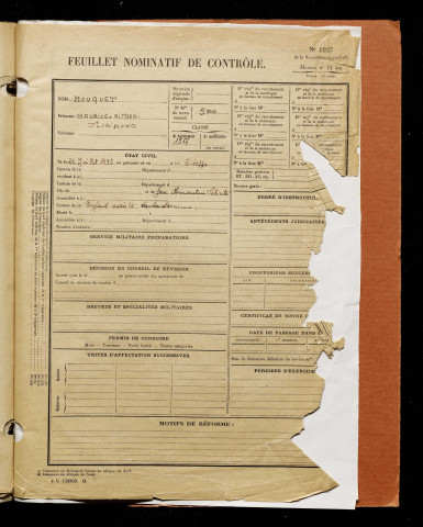 Mouquet, Maurice Alfred Florimond, né le 25 juillet 1897 à Dieppe (Seine-Maritime), classe 1917, matricule n° 500, Bureau de recrutement d'Amiens