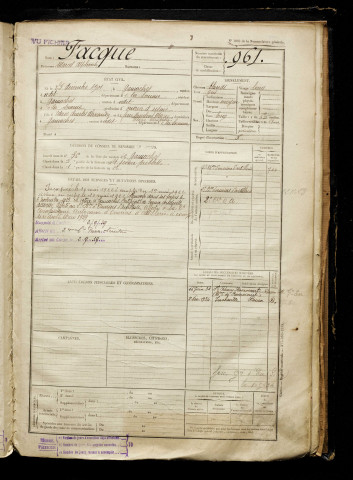 Facque, Marcel Alphonse, né le 23 décembre 1901 à Gamaches (Somme), classe 1921, matricule n° 961, Bureau de recrutement d'Abbeville