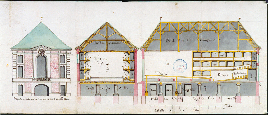 Plan profil de la salle de spectacle et plan en élévation de la façade