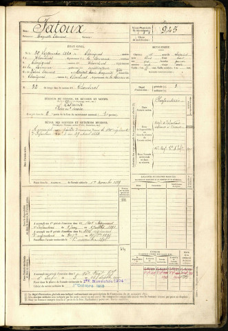 Fatoux, Auguste Edouard, né le 30 septembre 1864 à Chuignes (Somme, France), classe 1884, matricule n° 945, Bureau de recrutement de Péronne