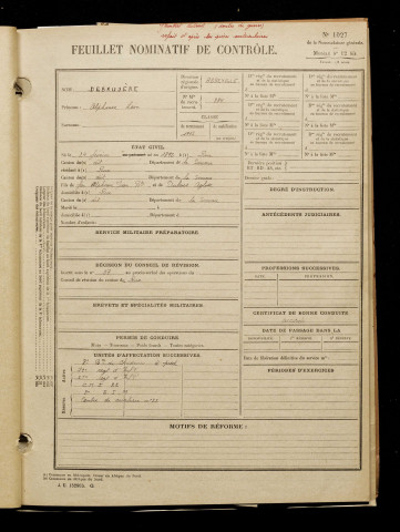 Debruyère, Alphonse Léon, né le 24 février 1893 à Rue (Somme), classe 1913, matricule n° 284, Bureau de recrutement d'Abbeville