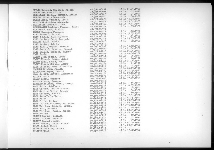 Table alphabétique du contingent 1940 - lettres E à G : bureaux de recrutement de la Deuxième Région Militaire (Départements du Nord, du Pas de Calais, de l'Aisne, de l'Oise, de la Somme, de l'Eure et de la Seine-Maritime)
