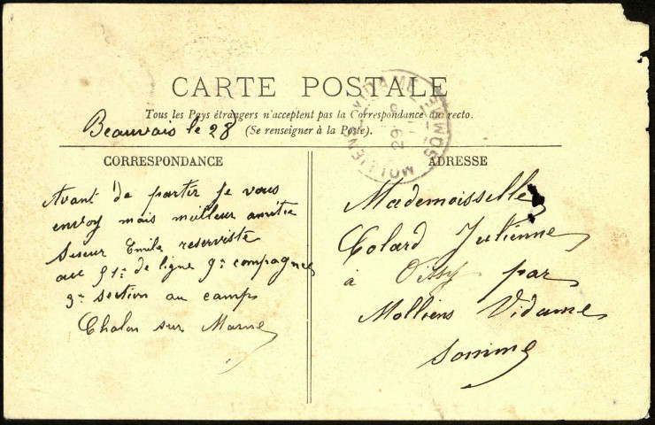 Carte postale de "Beauvais - Vue panoramique de la caserne" adressée par Emile Sueur (1886-1948) à Julienne Colard (1887-1974)