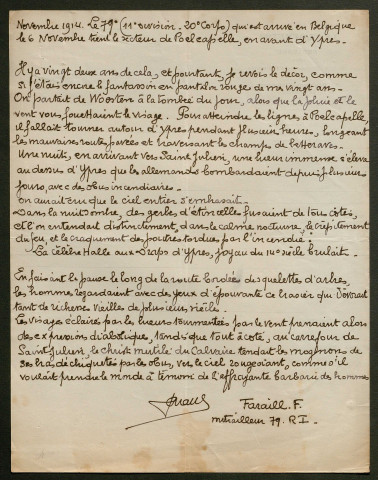 Témoignage de Faraill, F. (Mitrailleur) et correspondance avec Jacques Péricard