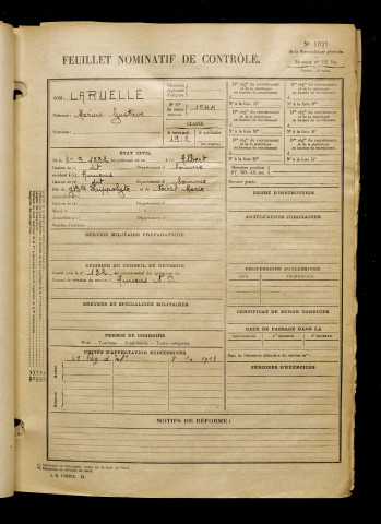 Laruelle, Marius Gustave, né le 30 septembre 1892 à Albert (Somme), classe 1912, matricule n° 1044, Bureau de recrutement d'Amiens