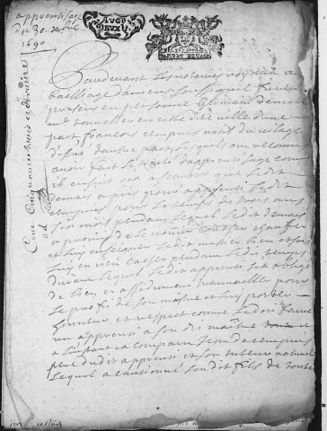 Etude de Me Louis Alavoine à Amiens (étude n°21). Minutes de l'année 1690