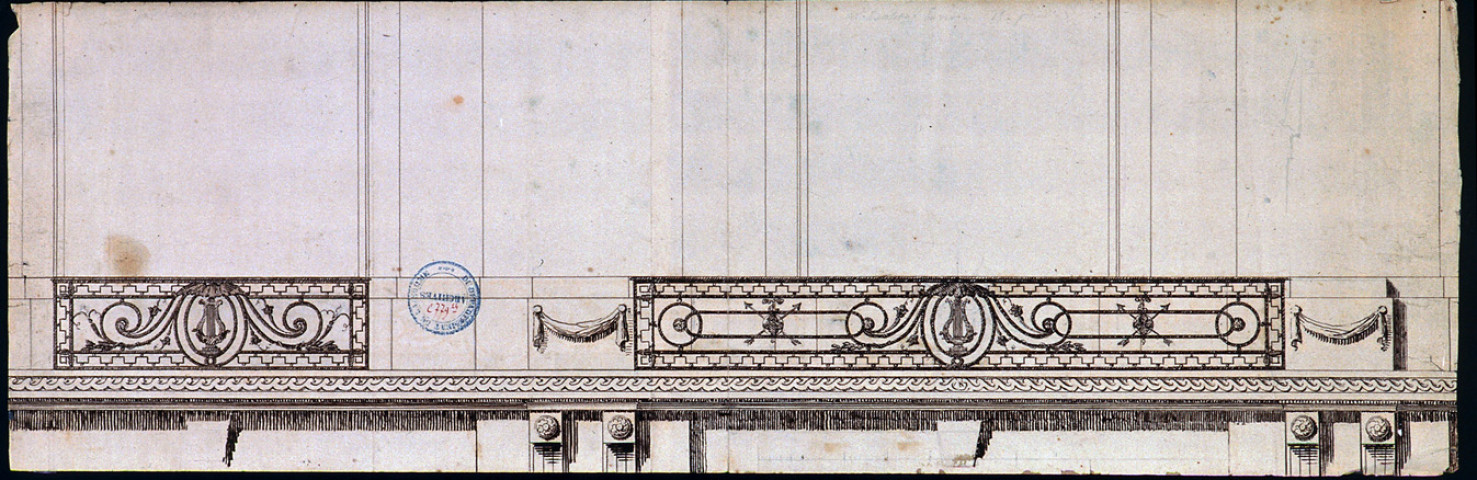 Projet de salle de spectacle, rue des Trois-Cailloux : croquis préparatoire des ferroneries de balcons, dressé par l'architecte Rousseau pour les fenêtres de la façade principale