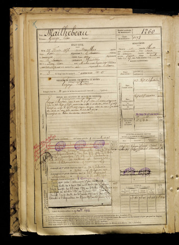 Mailhebeau, Georges Léon, né le 25 février 1876 à Doullens (Somme), classe 1896, matricule n° 1260, Bureau de recrutement d'Amiens