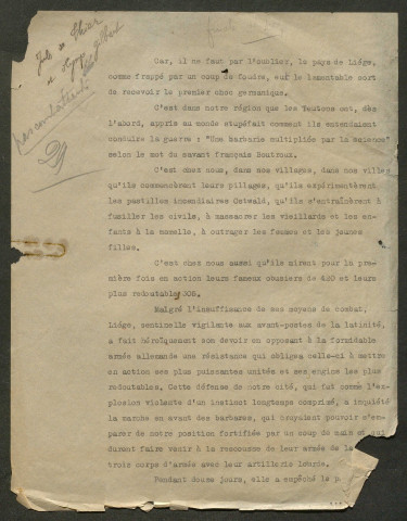 Témoignage de De Thier, Jules et correspondance avec Jacques Péricard