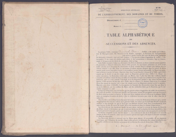 Table des successions et absences du bureau de Domart-en-Ponthieu