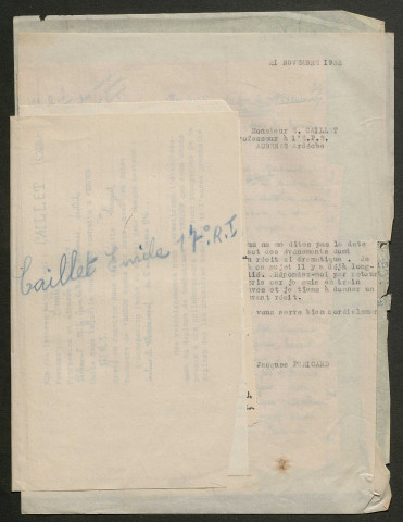 Témoignage de Caillet, Emile et correspondance avec Jacques Péricard