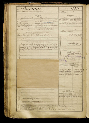 Dumont, Maurice Edmond Joseph, né le 10 février 1883 à Amiens (Somme), classe 1903, matricule n° 1174, Bureau de recrutement d'Amiens