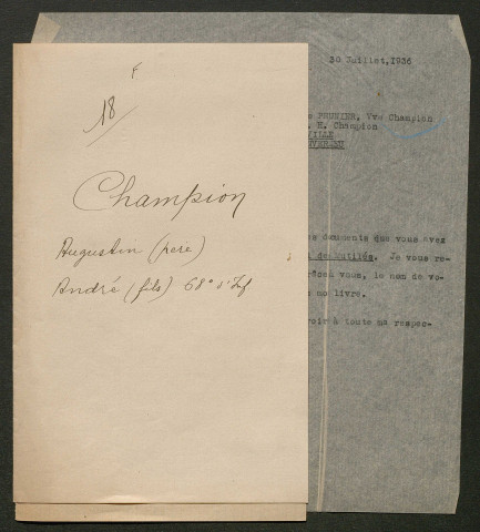Témoignage de Champion, André et correspondance avec Jacques Péricard